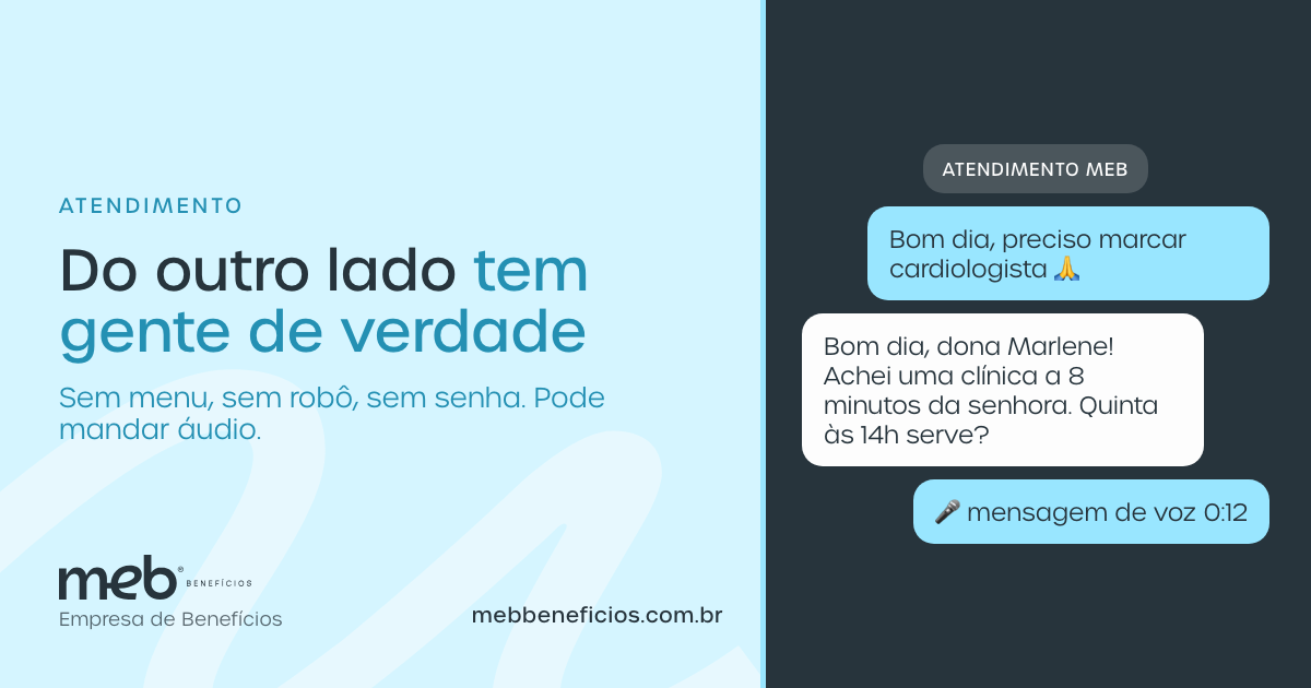 Simulação de conversa de WhatsApp com o atendimento da MEB — MEB Benefícios